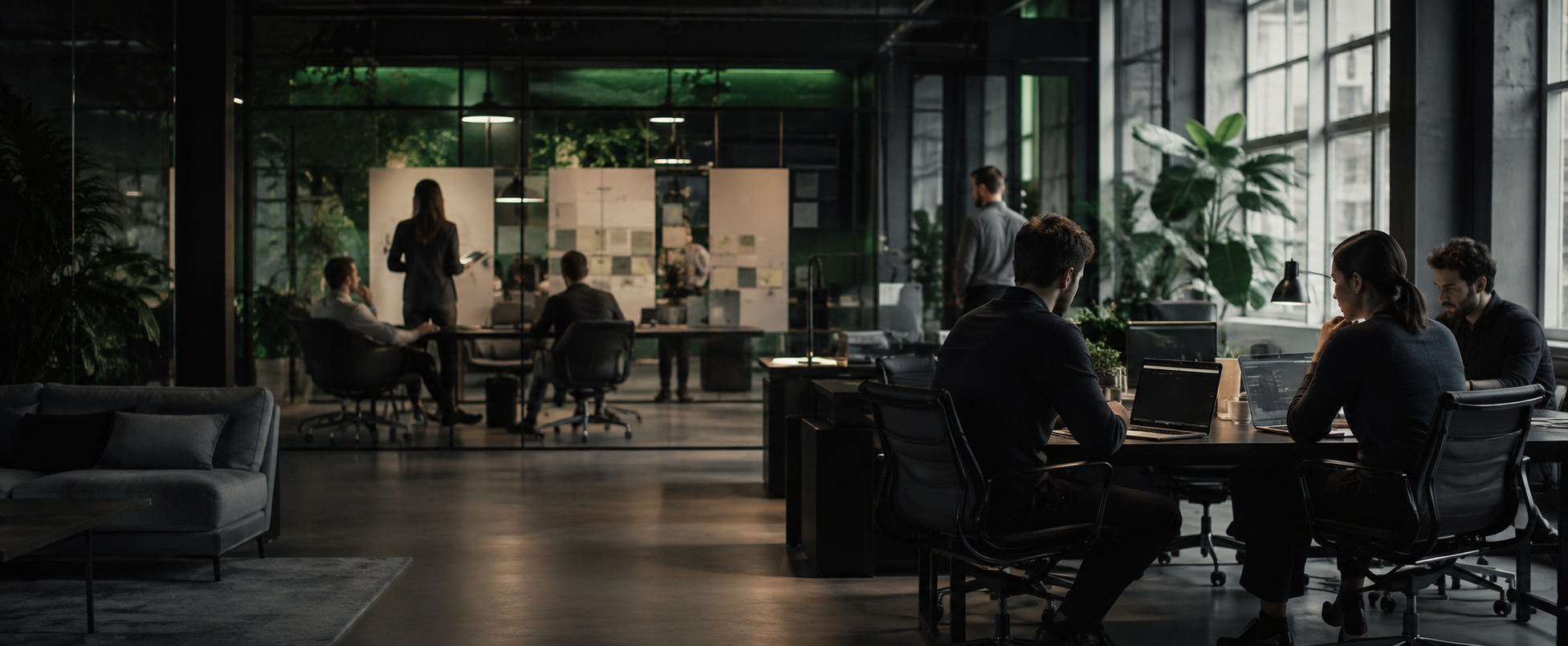 Modern business team planning custom systems in a secure operations workspace